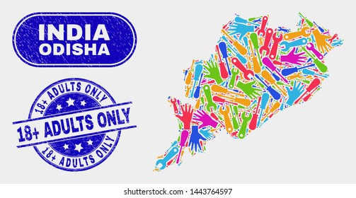 Tools Odisha State map and blue 18+ Adults Only scratched seal stamp. Colorful vector Odisha State map mosaic of service units. Blue round 18+ Adults Only stamp.