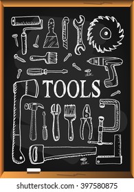 Tools on blackboard background. Free hand drawn. Vector illustration.