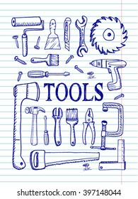 Tools on copybook background. Free hand drawn. Vector illustration.