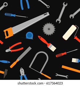 tools on dark background, seamless pattern. vector illustration. wrench, saw, screwdriver, hammer, brush, mill, and others.