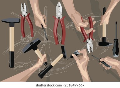 Tools on dark brown background with white line sketches, icons of tools. Hands holding screwdrivers, pliers and hammers. Vector illustration.