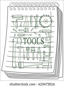 Tools on notebook background. Free hand drawn. Vector illustration.