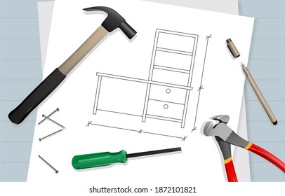 Herramientas sobre el papel trabajar, martillo, uñas, destornillador, pluma, alicates, equipo, carpintero, vector