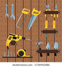 Werkzeuge auf Regaldesign. Zangen, Säge, Zangen, Bohrer, Schraubenschlüssel, Maßband, Schraubendreher, Putty-Messer. Vektorgrafik