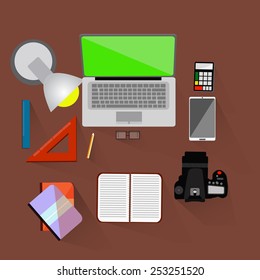 Tools on top view for education. vector flat design.