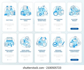 Tools for online business blue onboarding mobile app screen set. Walkthrough 5 steps graphic instructions pages with linear concepts. UI, UX, GUI template. Myriad Pro-Bold, Regular fonts used