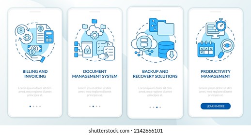 Tools for online workplace blue onboarding mobile app screen. System walkthrough 4 steps graphic instructions pages with linear concepts. UI, UX, GUI template. Myriad Pro-Bold, Regular fonts used