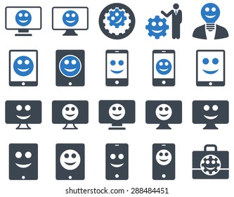 Tools, options, smiles, displays, devices icons. Vector set style: bicolor flat images, smooth blue symbols, isolated on a white background.
