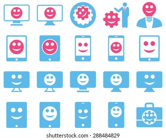 Tools, options, smiles, displays, devices icons. Vector set style: bicolor flat images, pink and blue symbols, isolated on a white background.