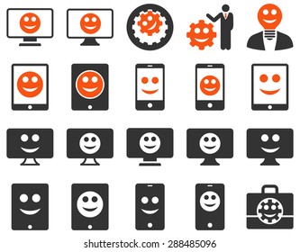 Tools, options, smiles, displays, devices icons. Vector set style: bicolor flat images, orange and gray symbols, isolated on a white background.