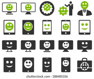 Tools, options, smiles, displays, devices icons. Vector set style: bicolor flat images, eco green and gray symbols, isolated on a white background.