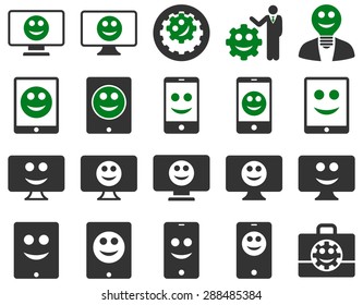 Tools, options, smiles, displays, devices icons. Vector set style: bicolor flat images, green and gray symbols, isolated on a white background.