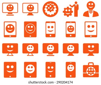 Tools, options, smiles, displays, devices icons. Vector set style: flat images, orange symbols, isolated on a white background.