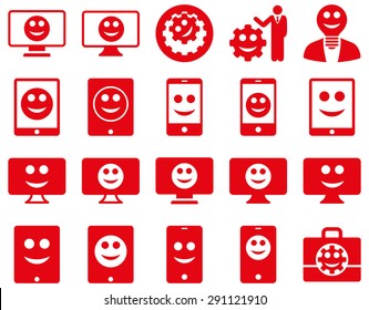 Tools, options, smiles, displays, devices icons. Vector set style: flat images, red symbols, isolated on a white background.