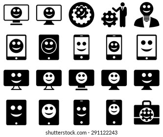 Tools, options, smiles, displays, devices icons. Vector set style: flat images, black symbols, isolated on a white background.