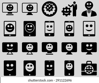 Tools, options, smiles, displays, devices icons. Vector set style: flat images, black symbols, isolated on a light gray background.