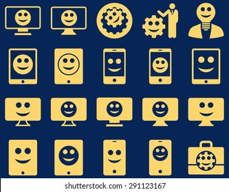 Tools, options, smiles, displays, devices icons. Vector set style: flat images, yellow symbols, isolated on a blue background.