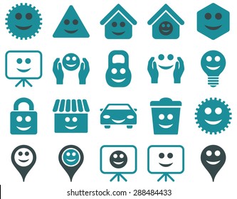 Tools, options, smiles, objects icons. Vector set style: bicolor flat images, soft blue symbols, isolated on a white background.