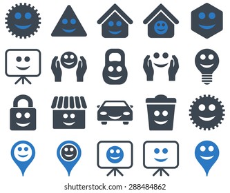 Tools, options, smiles, objects icons. Vector set style: bicolor flat images, smooth blue symbols, isolated on a white background.