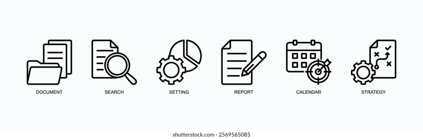 Tools For Organization, Analysis, And Strategic Planning Icon Set Isolated Vector Illustration Concept With Icon Of Document, Search, Setting, Report, Calendar, Strategy In Outline Style