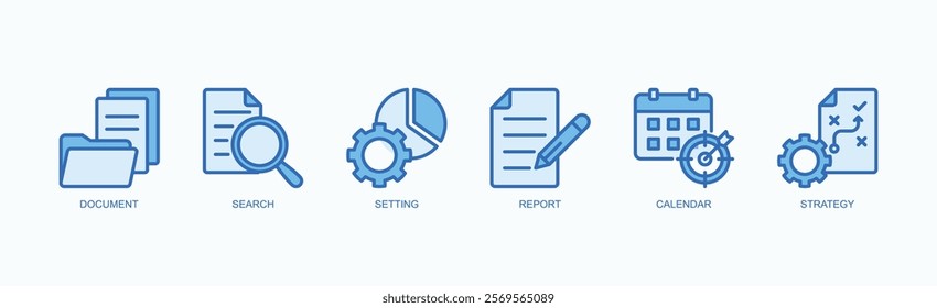 Tools For Organization, Analysis, And Strategic Planning Icon Set Isolated Vector Illustration Concept With Icon Of Document, Search, Setting, Report, Calendar, Strategy In Blue Style