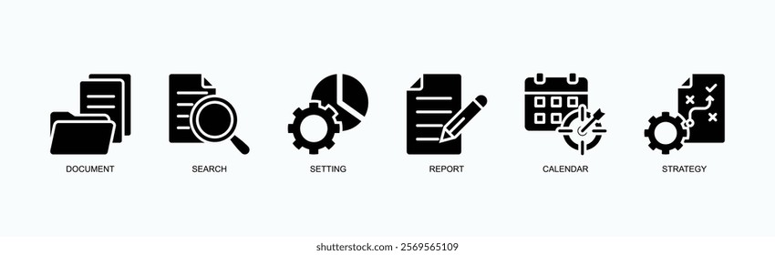 Tools For Organization, Analysis, And Strategic Planning Icon Set Isolated Vector Illustration Concept With Icon Of Document, Search, Setting, Report, Calendar, Strategy In Glyph Style