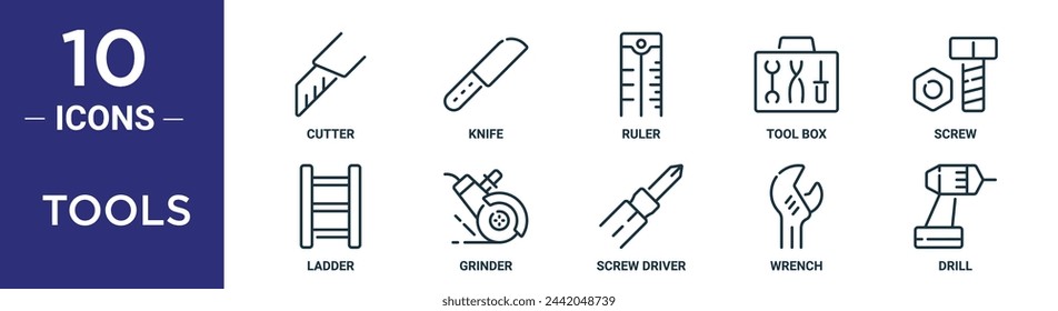 tools outline icon set includes thin line cutter, knife, ruler, tool box, screw, ladder, grinder icons for report, presentation, diagram, web design