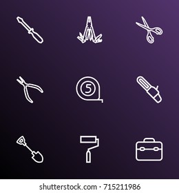 Tools Outline Icons Set. Collection Of Paint, Turn-Screw, Digging And Other Elements. Also Includes Symbols Such As Equipment, Sharp, Tape.