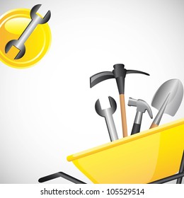tools over wheelbarrow with icons. vector illustration