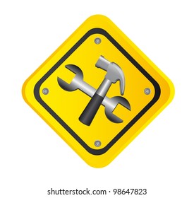 tools over yellow road sign isolated . vector illustration