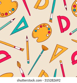 Tools of painter: icon hand drawn seamless pattern. Doodle backdrop with professional tools collection. Colorful illustration vector. Sketch objects 
