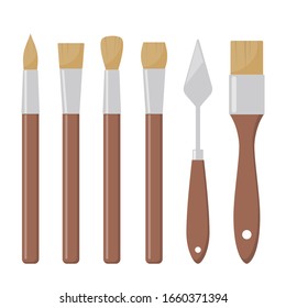 Tools for painting. Paint brushes, various forms. Different artist brushes, palette knife, icon set. Vector flat illustration, isolated