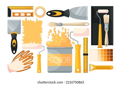 Tools for painting walls vector illustrations set. Can or bucket of yellow paint, brushes and rollers for painters isolated on white background. House renovation, interior design, decoration concept