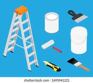 Tools and paints for making repair in flat isometric view. Ladder,  metal paint can, plastic bucket, paintbrush, roller and putty knife