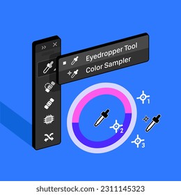 Tools Panel. Eyedropper Tool in Raster graphic editor. Color Sampler Isometric 3d Vector illustration