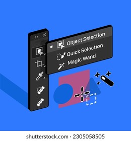 Panel de herramientas. Selección de objetos. Selección rápida y herramienta varita mágica. Ilustración vectorial.