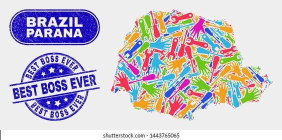 Tools Parana State map and blue Best Boss Ever textured watermark. Colorful vector Parana State map mosaic of tools components. Blue round Best Boss Ever imprint.