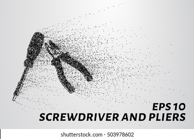 Tools of the particles. Pliers and screwdriver are composed of circles and dots.