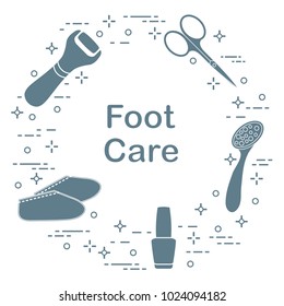 Tools for pedicure. Nail polish, electric foot file, pumice, scissors, silicone socks. Personal care.