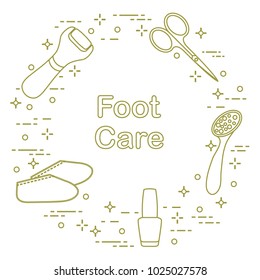 Tools for pedicure. Nail polish, electric foot file, pumice, scissors, silicone socks. Personal care.