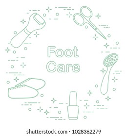 Tools for pedicure. Nail polish, electric foot file, pumice, scissors, silicone socks. Personal care.