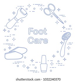 Tools for pedicure. Nail polish, electric foot file, pumice, scissors, silicone socks. Personal care.