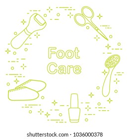 Tools for pedicure. Nail polish, electric foot file, pumice, scissors, silicone socks. Personal care.