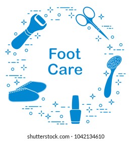 Tools for pedicure. Nail polish, electric foot file, pumice, scissors, silicone socks. Personal care.
