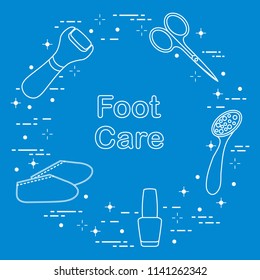 Tools for pedicure. Nail polish, electric foot file, pumice, scissors, silicone socks. Personal care.