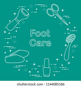 Tools for pedicure. Nail polish, electric foot file, pumice, scissors, silicone socks. Personal care.
