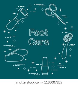 Tools for pedicure. Nail polish, electric foot file, pumice, scissors, silicone socks. Personal care.