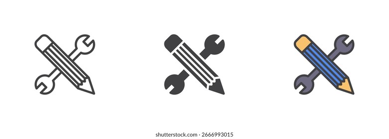 Tools and pencil crossed different style icon set. Line, glyph and filled outline colorful version, outline and filled vector sign. Symbol, logo illustration. Vector graphics.