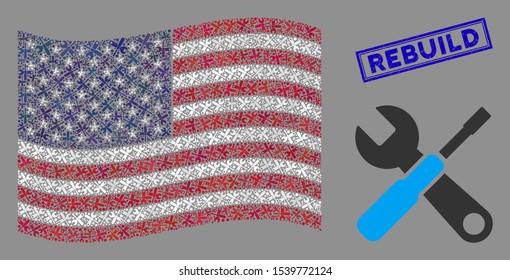 Tools pictograms are arranged into USA flag abstraction with blue rectangle grunge stamp seal of Rebuild caption. Vector concept of USA waving state flag is designed from tools elements.