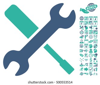 Tools pictograph with bonus calendar and time management symbols. Vector illustration style is flat iconic symbols, cobalt and cyan colors, white background.